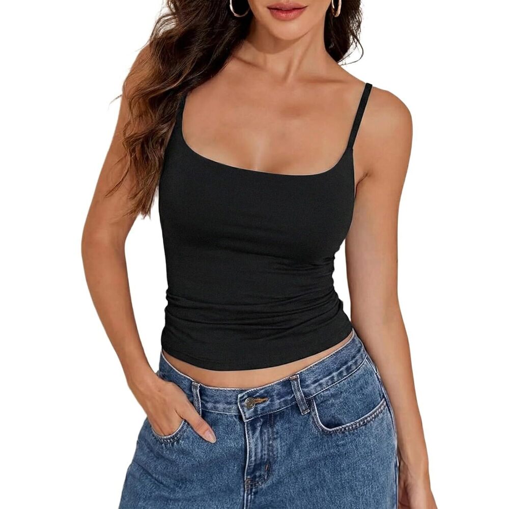 Women's Cotton Square Neck Tank Tops Tight Fit Basic Built-in Shelf